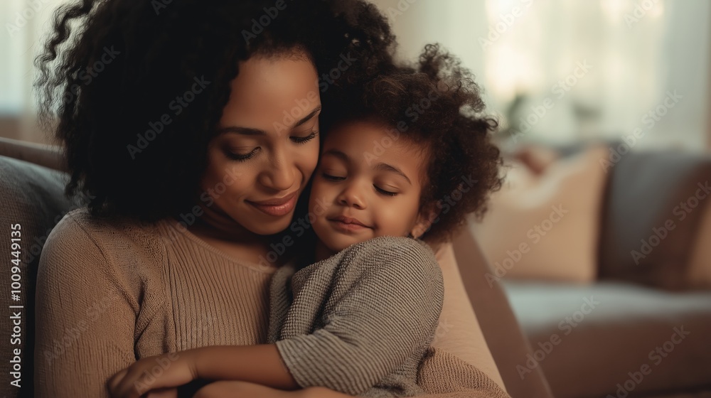 Happy mother cradles her sleeping daughter in a cozy living room, showcasing the beauty of family and motherhood in a serene and peaceful atmosphere Happy mother cradles her sleeping daughter in a cozy living room, showcasing the beauty of family and motherhood in a serene and peaceful atmosphere