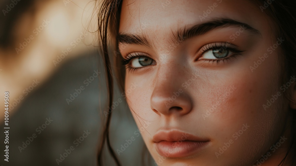 Close-up portrait of a beautiful young woman with clear skin and captivating green eyes, enjoying the golden hour light Close-up portrait of a beautiful young woman with clear skin and captivating green eyes, enjoying the golden hour light