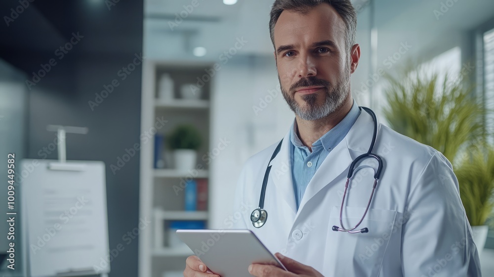 A man in a white lab coat is holding a tablet in front of a potted plant A man in a white lab coat is holding a tablet in front of a potted plant