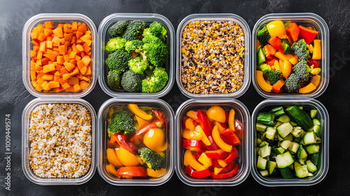 Healthy meal prep with fresh vegetables and grains in containers, ideal for diet planning and portion control.