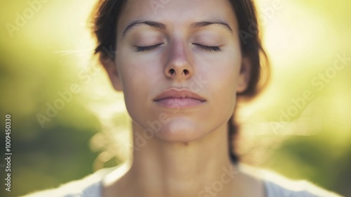 Young woman enjoying nature, eyes closed, feeling peaceful and serene. Embracing calm and balance, she practices mindfulness and meditation, embodying wellness and inner beauty