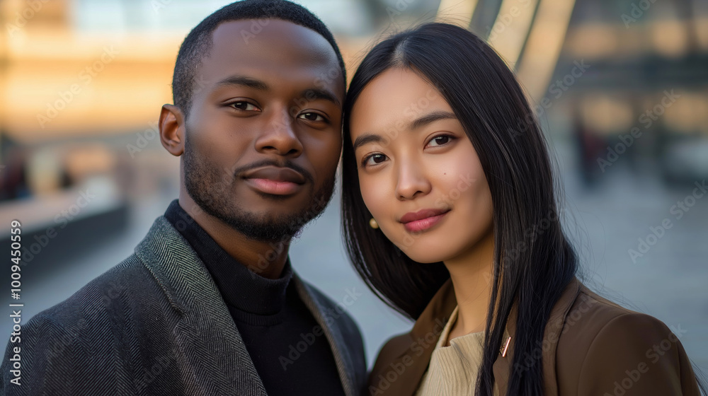 Young couple is posing outside a modern building. They are both wearing stylish clothes and have confident expressions Young couple is posing outside a modern building. They are both wearing stylish clothes and have confident expressions