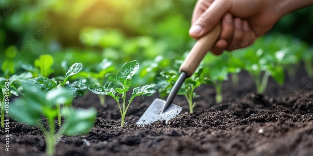 A hand using a trowel to cultivate young plants in rich soil. A hand using a trowel to cultivate young plants in rich soil.