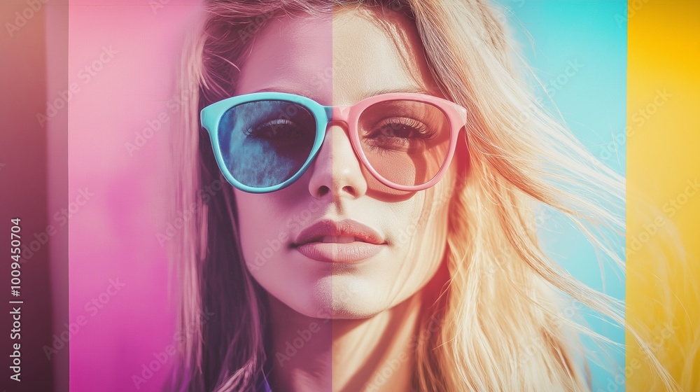 Model is posing with a multicolored background, wearing stylish sunglasses and a denim jacket. Her hair is blowing in the wind Model is posing with a multicolored background, wearing stylish sunglasses and a denim jacket. Her hair is blowing in the wind