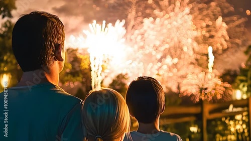 Family Watching Colorful Fireworks Display at Night photo