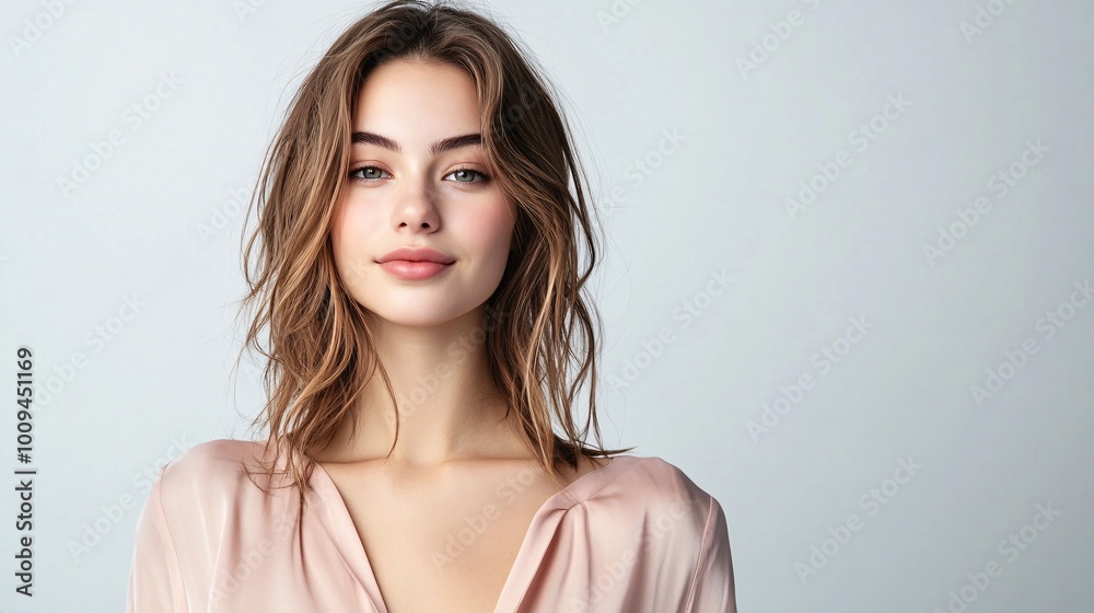 Fototapeta premium Young woman with soft smile, light background