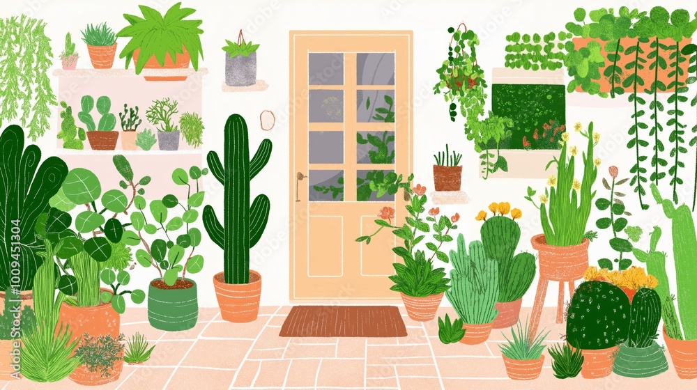 Lush home garden interior with vibrant greenery and cacti decor