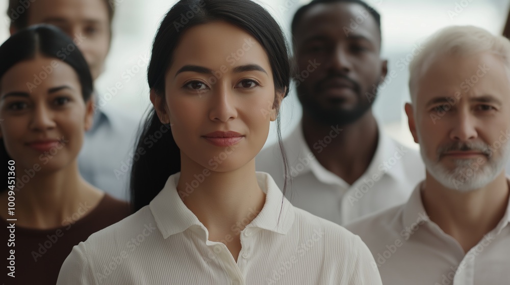 Diverse group of business professionals are standing together, representing the power of teamwork and inclusion in the workplace Diverse group of business professionals are standing together, representing the power of teamwork and inclusion in the workplace