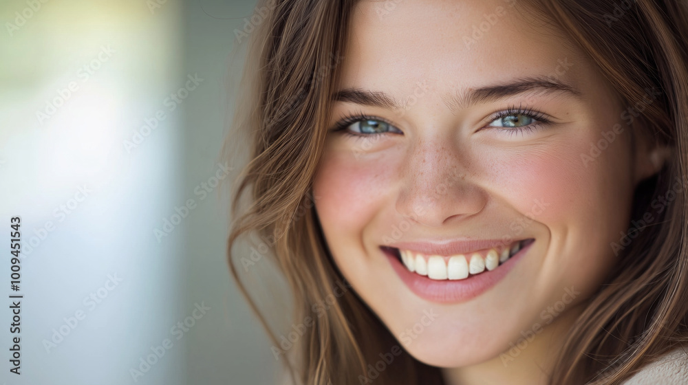 Young woman with blue eyes and freckles smiles brightly, showing perfectly aligned white teeth and flawless skin