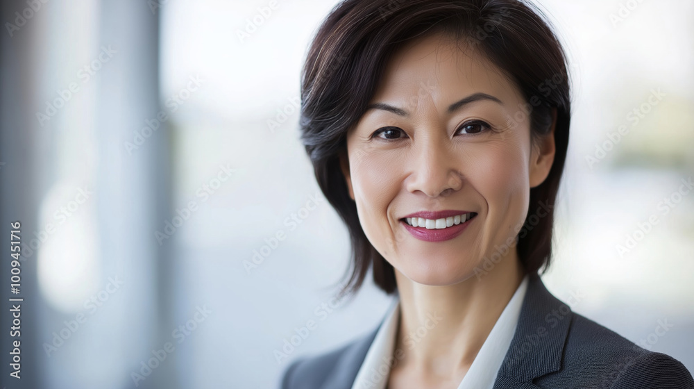 Confident smiling businesswoman in modern office building, exuding elegance and ambition. Bright light highlights her expertise, with blurred cityscape in background Confident smiling businesswoman in modern office building, exuding elegance and ambition. Bright light highlights her expertise, with blurred cityscape in background