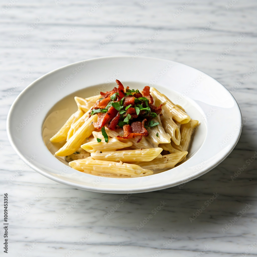 Penne pasta tossed in a creamy sauce, topped with crispy bacon and garnished with parsley Penne pasta tossed in a creamy sauce, topped with crispy bacon and garnished with parsley