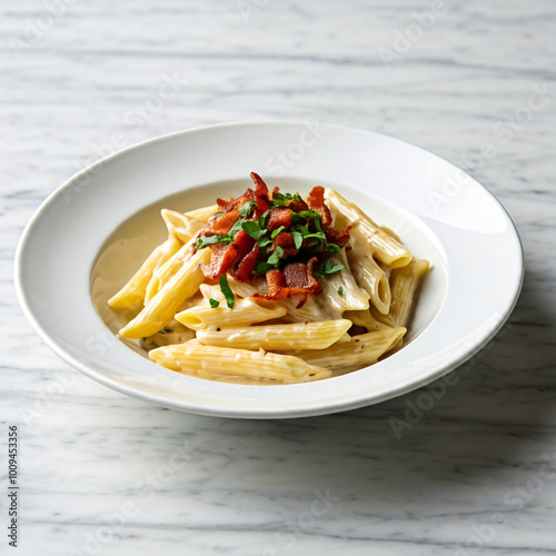 Penne pasta tossed in a creamy sauce, topped with crispy bacon and garnished with parsley