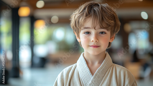 A boy in a kimono at a martial arts school.