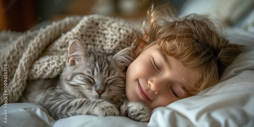 Child and cat sleeping together on the bed Child and cat sleeping together on the bed