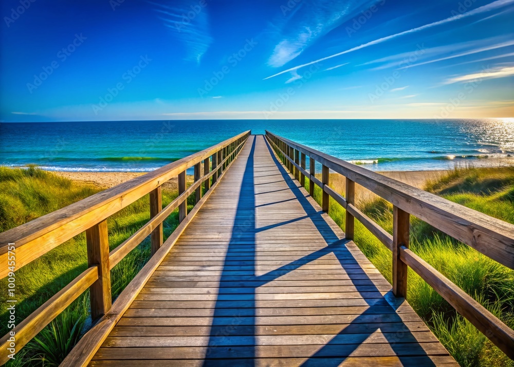 Serene Empty Boardwalk Leading to the Calm Ocean Under a Clear Blue Sky on a Bright Sunny Day Serene Empty Boardwalk Leading to the Calm Ocean Under a Clear Blue Sky on a Bright Sunny Day