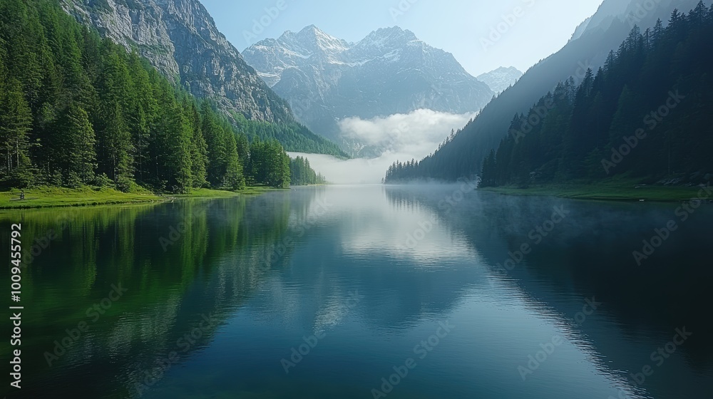 Serene Mountain Lake Surrounded by Evergreen Trees Serene Mountain Lake Surrounded by Evergreen Trees