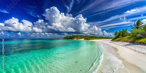 Serene Eleuthera Bahamas Beach with Crystal Clear Waters and Soft White Sand Under Bright Blue Skies photo