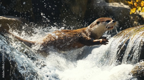 Otter leaping through cascading water