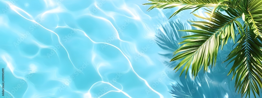 Light blue water background with palm leaves and ripples, swimming pool water, light aquamarine, tropical beach Light blue water background with palm leaves and ripples, swimming pool water, light aquamarine, tropical beach