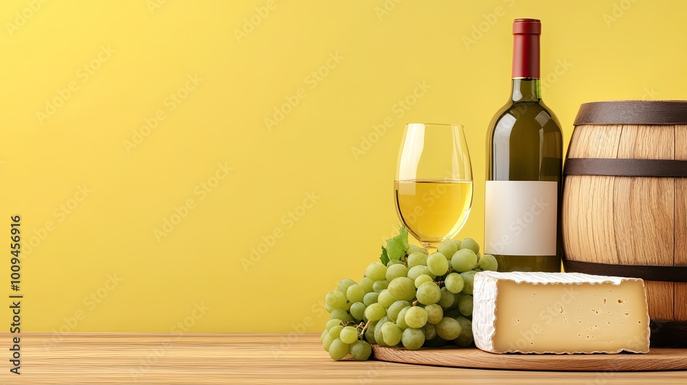 Fototapeta premium An assortment of cheese types along with fresh fruits and garnishes on a wooden board attracts attention on a bright yellow background, ideal for entertaining