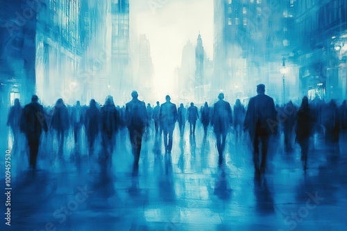 abstract motion blur of a crowd of business people walking through a corporate office depicting the fastpaced environment of a downtown business center in shades of blue