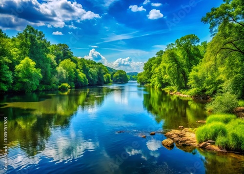 Serene James River Landscape with Lush Greenery and Tranquil Waters Under a Clear Blue Sky