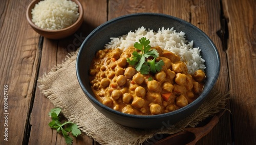 Chickpea curry with rice and vegetable medley in a rustic table setting