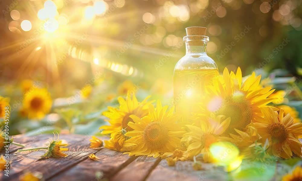 Sunflower oil on a wooden table among sunflower flowers, beautiful lighting.