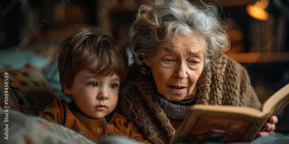 Grandmother and grandson read a book with children's fairy tales Grandmother and grandson read a book with children's fairy tales