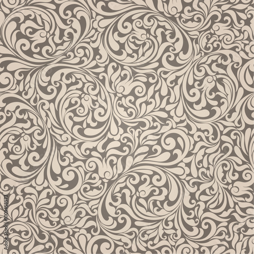 A decorative floral pattern featuring intricate swirls and curves in a neutral color palette.