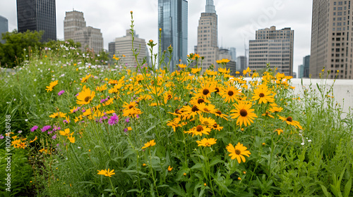 A lush urban green space flourishes with vibrant wildflowers, showcasing biodiversity amidst the concrete jungle of a bustling city center.