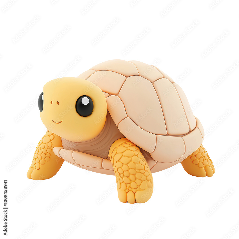 Fototapeta premium 3D illustration of a cute turtle with a big shell. Depicted in a stylized design with soft orange and yellow tones, making it adorable and friendly character. Isolated on transparent background, png.