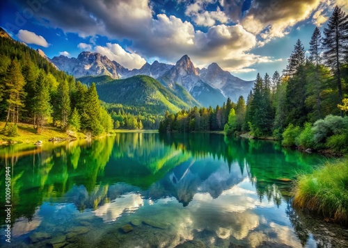 Serene Landscape of a Tranquil Lake Surrounded by Lush Green Forests and Majestic Mountains