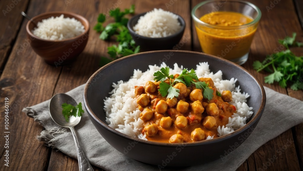 Chana masala chickpea curry with rice, yogurt, and spice bowls on wooden table Chana masala chickpea curry with rice, yogurt, and spice bowls on wooden table