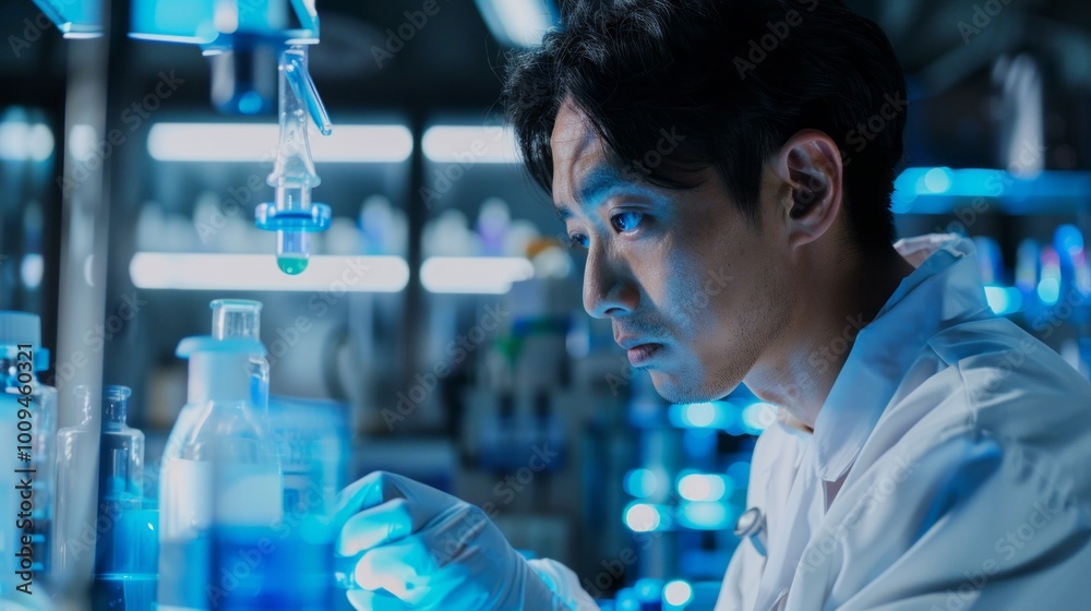 A man in a lab coat is looking at a beaker A man in a lab coat is looking at a beaker