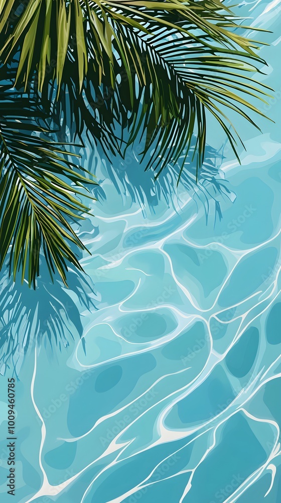Light blue water background with palm leaves and ripples, swimming pool water, light aquamarine, tropical beach