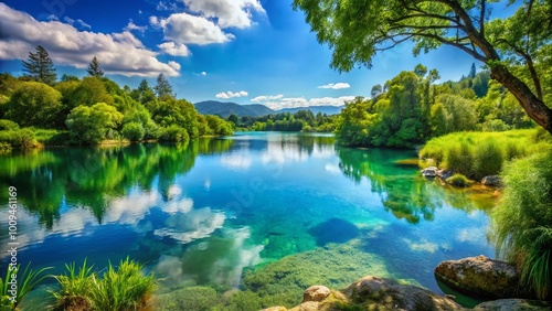 Serene Landscape of Tranquil Nature with Lush Greenery and Calm Waters Under a Clear Blue Sky