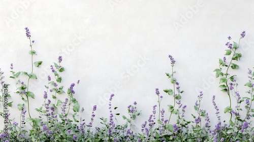 Purple flowers growing up a white textured wall.