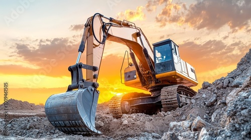 Evocative scene of an excavator amidst a chaotic construction site at sunset, reflecting on the ongoing impact of industrial activity on landscapes photo