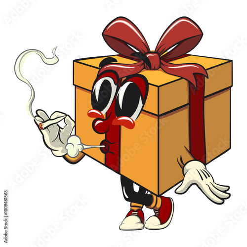 cartoon gift box gold with a red ribbon isolated vector illustration smoke calmly, the concept of birthday, Christmas, new year, work of hand drawn
