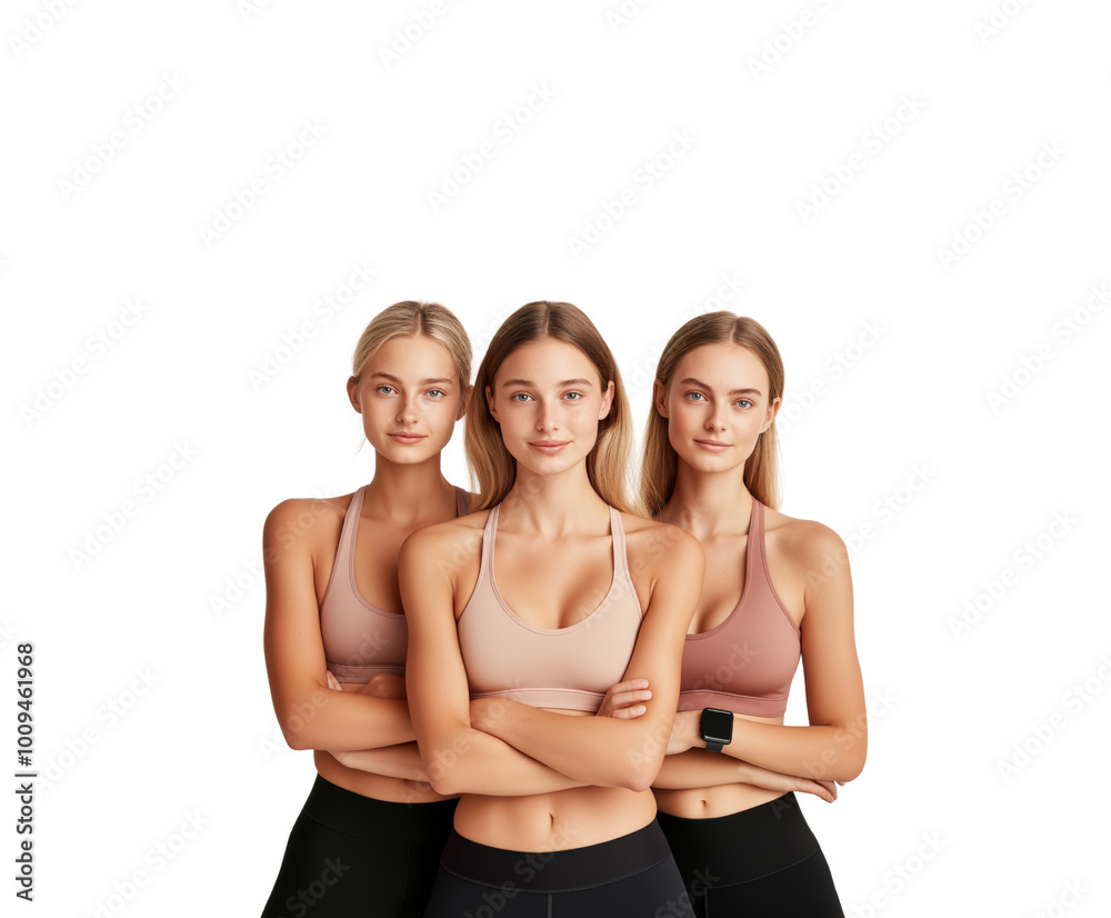 Three confident women in activewear, arms crossed, smiling and standing together, representing fitness and friendship on white background. isolated PNG background.