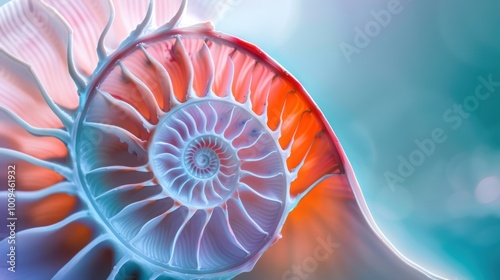 Nautilus shell in closeup, showcasing its iconic spiral pattern. The shell's geometric design is a stunning piece of nature's art.