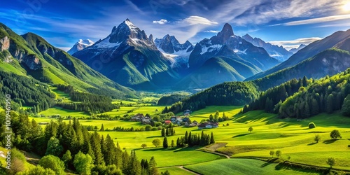 Serene Landscape with Majestic Mountains Under Clear Blue Sky and Lush Green Valley in Foreground