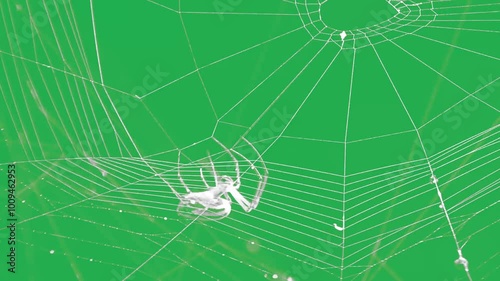 A spider weaving a web on a green screen.