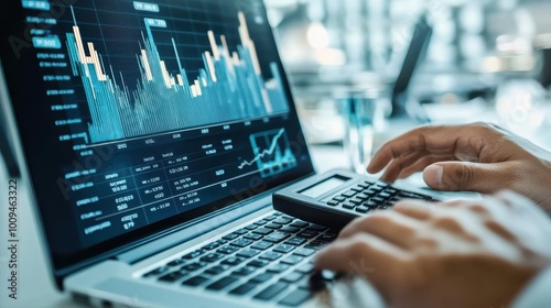 Financial report, close-up of graphs and charts on a laptop, hands using a calculator