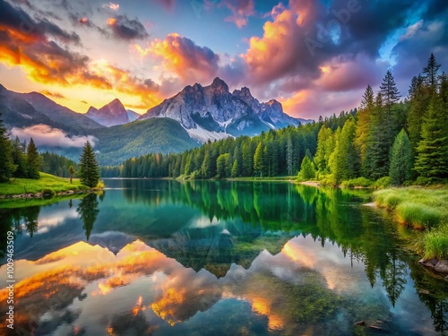 Serene Mountain Landscape at Sunrise with Reflective Lake Surrounded by Lush Green Forests