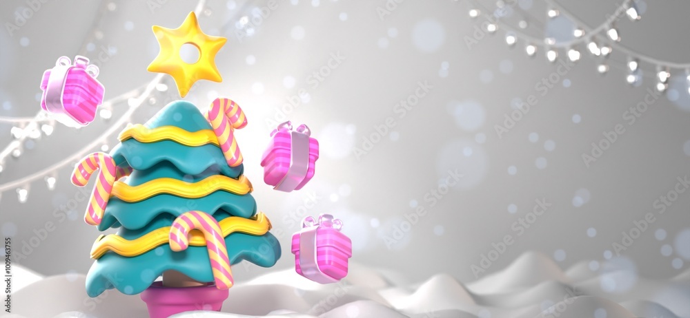 Christmas tree with snow and bokeh lights. 3d illustration Christmas tree with snow and bokeh lights. 3d illustration