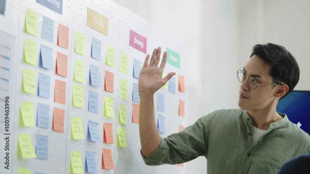 brainstorming session, using sticky notes on a task board (kanban) to organize ideas and workflow in a modern office brainstorming session, using sticky notes on a task board (kanban) to organize ideas and workflow in a modern office