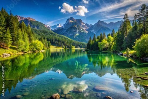 Serene Mountain Landscape with Lush Green Forests and Clear Blue Sky Reflecting in Tranquil Lake