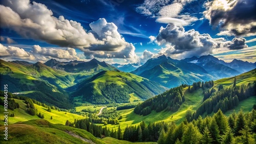 Serene Mountain Landscape with Lush Green Valleys Under a Bright Blue Sky and Fluffy White Clouds